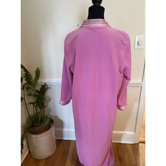 Vanity Fair Long PINK White Blue Applique robe House Zip Large pockets vintage - Picture 7 of 14